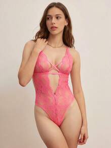 Elorette 女士蕾丝露背吊带性感连体睡衣 - 玫紅色 - 查看 1
