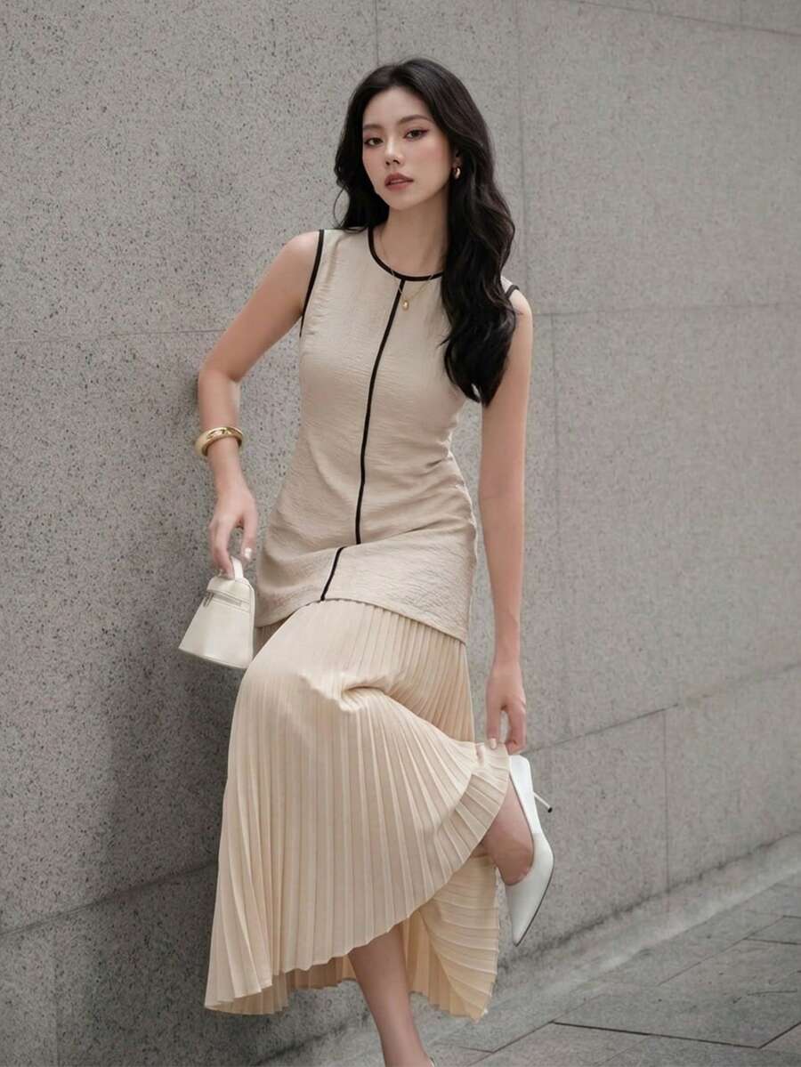 Heiryn 女款優雅黑米色無袖百褶下擺中長洋裝，夏季修身對比飾邊混紡材質洋裝，適合辦公室、約會與婚禮賓客穿著