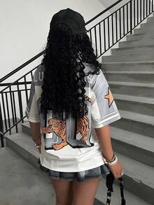 Rovax Plus Size Summer Casual Colorblock Tiger Print T-Shirt - Multicolor - View 2