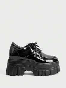 Sugerpunk Giày sandal cao gót nữ màu đen bóng, kiểu dáng nhỏ gọn, chất liệu PU, thích hợp cho mùa thu đông, đế dày, phong cách Anh, tăng chiều cao 7cm, gót mỏng, kiểu dáng muffin. - màu đen - Xem 1