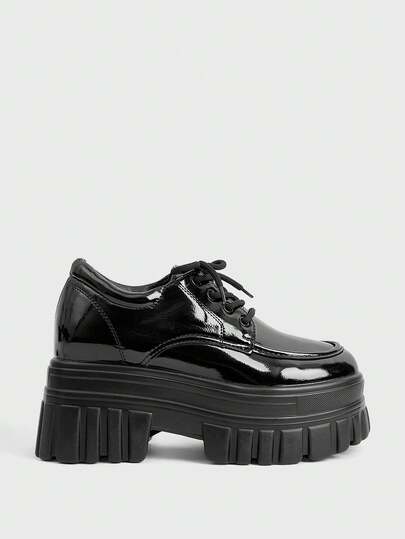 Sugerpunk Giày sandal cao gót nữ màu đen bóng, kiểu dáng nhỏ gọn, chất liệu PU, thích hợp cho mùa thu đông, đế dày, phong cách Anh, tăng chiều cao 7cm, gót mỏng, kiểu dáng muffin.