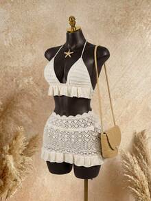 SaltGleam SaltGleam Nuevo Conjunto de Suéter y Falda de Punto Blanco de Moda Europea y Americana Casual Sexy para Resort y Golf de Verano - Crema - Ver 7
