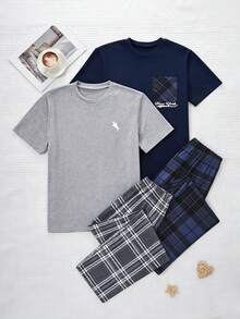 4 piezas Conjunto de pijama para adolescentes, top de manga corta en negro y gris jaspeado y pantalones a cuadros, tela suave y cómoda, diseño minimalista, elástica y transpirable, lavable a máquina (se venden 2 conjuntos por separado) - Multicolor - Ver 3