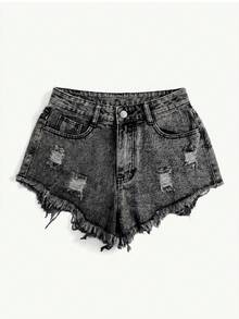 Pantalones cortos de mezclilla sencillos y lisos para uso diario en tallas grandes - Gris Claro - Ver 4
