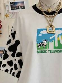Lalippa Cow Print Digital Graphic Oversized Loose Mid-Length Round Neck Drop Shoulder Women T-Shirt, Gift For Friends - Multicolor - View 3