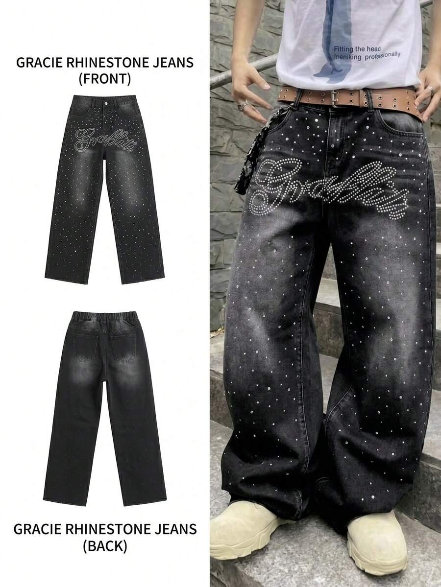 SHEIN 青少年男孩時尚休閒非洲 Y2K 復古酷街頭返校大學基本款簡約舒適街頭閃亮字母熱鑽設計白色丹寧寬鬆牛仔褲柔軟日常穿著夏季與電音節慶街頭服飾返校 - 黑色 - 查看 1
