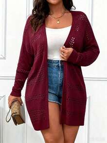 Elenzga Cardigan Panjang Wanita Ukuran Besar untuk Liburan & Perjalanan Santai, Warna Polos, Berongga, Musim Gugur/Dingin - Burgundy - View 4