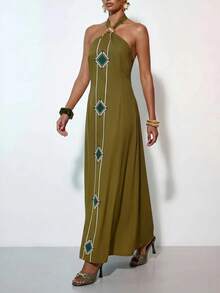 Zivah Đầm đi biển thanh lịch phong cách Bohemian mới năm 2026, chất liệu vải lanh mềm mại, điểm nhấn là phụ kiện kim loại, chi tiết buộc dây, họa tiết in màu xanh lá cây, đầm buộc dây, đầm đi biển thanh lịch phong cách Bohemian, đầm đi biển thoải mái, đầm nữ. - màu xanh lá - Xem 6