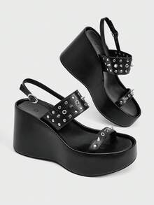 Sugerpunk Women Shose Women's Fashion Platform Wedge Sandals, Spring And Autumn Summer Punk Style Buckle Middle Help Rivet Open-Toed Platform Wedge Sandals, Nightclub Commuting Is Easy To Travel - Black - View 5