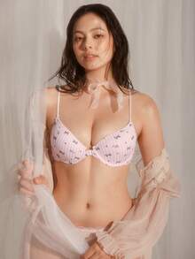 DelicateAllure 粉色钢圈模杯前扣式支撑浪漫花卉条纹图案女士文胸 - 粉色 - 查看 4