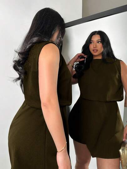 Firerie Plus Size Women's Casual Elegant Black Jumpsuit, Suitable For Commuting, Vintage Style, Holiday Outfit, Valentine's Day