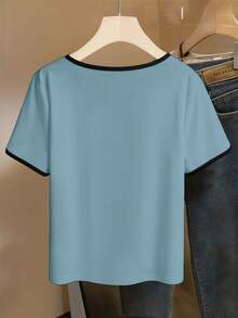 GlowEve CURVE Plus Size Casual Elastic Short Sleeve Contrast Color T-Shirt, Suitable For Spring/Summer Commute And Daily Wear - Dusty Blue - View 2