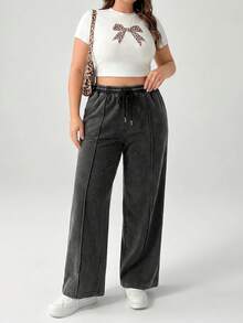 SHEIN PETITE CURVE 大码纯色休闲裤 - 深灰色 - 查看 7