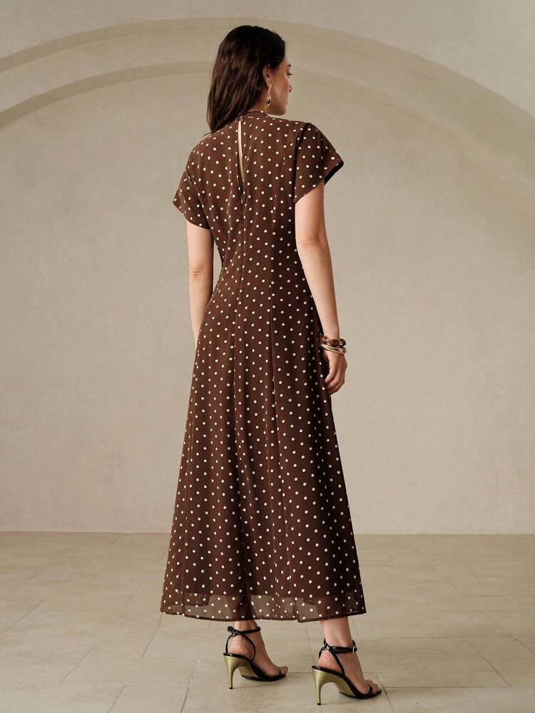 BELROSIE Đầm không tay dáng dài mùa xuân/hè kiểu Pháp thanh lịch, phối màu kaki và trắng, chất liệu chiffon chấm bi, thắt eo, cổ nơ, thích hợp cho các buổi tiệc, hẹn hò hoặc các dịp thường ngày. - màu nâu - Xem 4