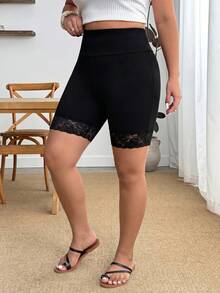 Enliva Plus-Size Summer Casual Stretch Leggings, Lace-Trimmed Five-Point Cycling Shorts, Summer Cooling Fabric Leggings, For Apple And Rounded Body Shape - Black - View 6