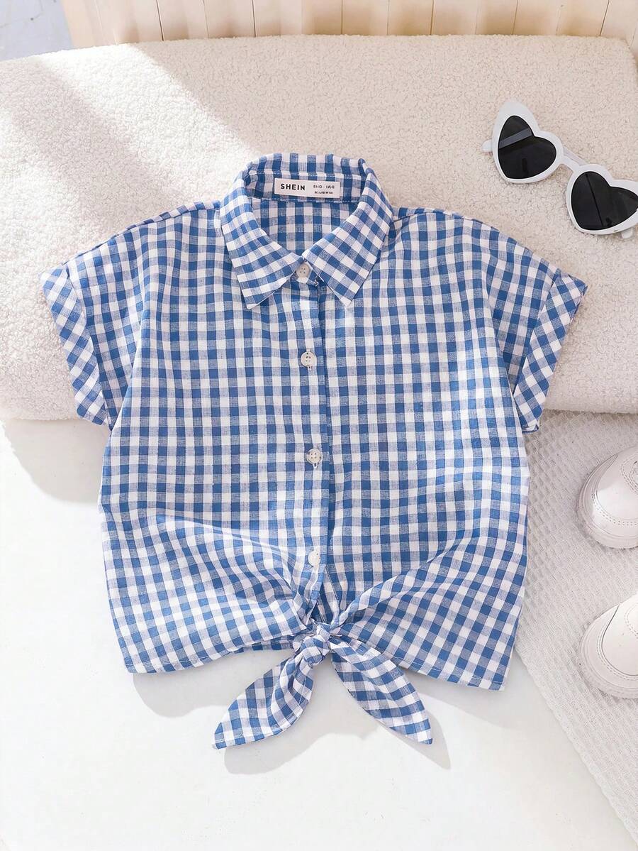 SHEIN Young Girl Woven Striped Casual Shirt - Blue - View 1