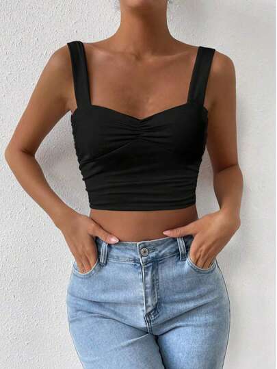 Cévolie Plus Size Women Solid Color Pleated Cropped Camisole
