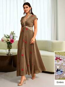 Al Najma Embroidered V-Neck Cinched Waist Short Sleeve Flared Elegant Dress For Women - Brown - View 7