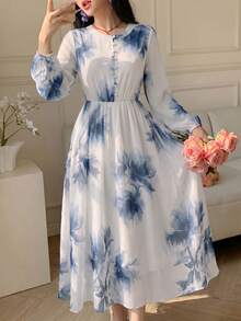 Modelyn Spring & Summer Fashion Flat Collar Long Sleeve Chiffon Floral Print Slim Fit Flared Dress - Blue - View 5