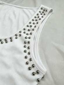 HueRush New Arrival Summer/Autumn Studded Ribbed Tank Top, Slim Fit U-Neck Sleeveless Camisole Everyday White Streetwear Y2k - White - View 6