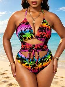 Slaydiva 2026 Neuer CURVE Badeanzug in Große Größen, einteilig, weiß mit Palmenmuster, für Sommer, Strand und Urlaub, europäischer und amerikanischer Stil, sexy, grenzüberschreitend - Rot - Übersicht 4