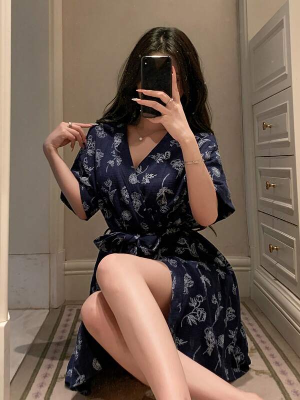DAZY 花卉图案短袖宽松系腰睡袍，女士夏季睡衣