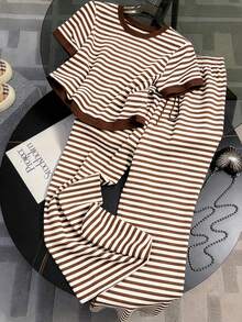 GlowEve CURVE 2pcs/Set Crew Neck Short Sleeve Black & White Striped Comfortable Elastic Waist Top & Pants, Suitable For Spring, Summer, Autumn, Plus Size - Mocha Brown - View 1