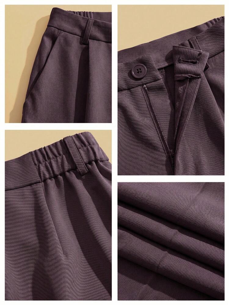 Elegant Purple High-Waisted Wide-Leg Suit Trousers, Front Pleated, Hollow Floral Embroidery Hem, Side Pockets, Commute And Party Versatile Suit Pants