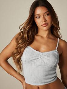 MISSGUIDED Pointelle Knit Crop Cami And Shorts Lounge Set With Scallop Trim Detail For Cozy Everyday Wear - Grey - View 4