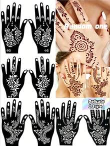 1 High-Quality Flower Pattern Henna Tattoo Template Sticker, Color Painting Temporary Hand Tattoo Template, Flash Painting Hollow Sticker, Suitable For Body Painting Makeup Manheidi Pattern. - Black - View 7