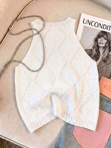 Franclia Blusa de punto de diseño hueco y unicolor con cuello halter para mujer - Blanco - Ver 2