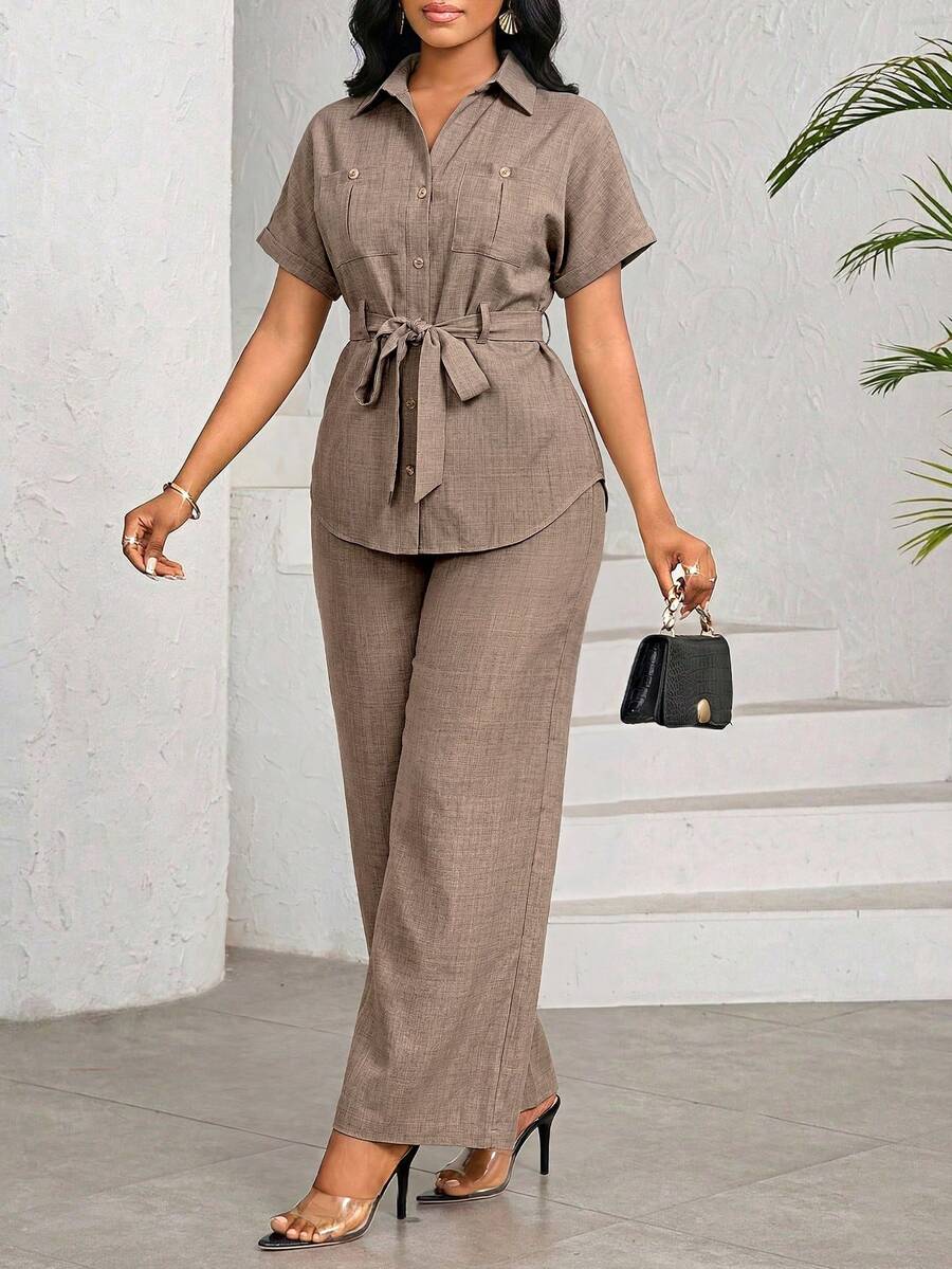 SHEIN Lady Bộ đồ nữ mùa hè thường ngày gồm áo và quần, gồm 2 món. - Màu Khaki - Xem 1