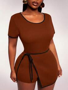 Radiana Women's Brown Short Sleeve Sports Set With Contrast Trim And Wrap Detail Skort For Active Wear - Brown - View 1