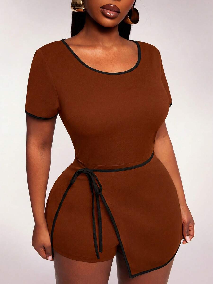 Radiana Women's Brown Short Sleeve Sports Set With Contrast Trim And Wrap Detail Skort For Active Wear - Brown - View 1