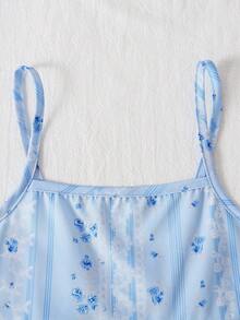 SHEIN Elladie kids 小女孩粉色碎花吊带背心和短裤套装，清爽舒适的夏季服装 - 藍色 - 查看 6