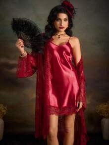 PinupPomp Set Lingerie Seksi Wanita 2pcs/Set Warna Merah Anggur dengan Hiasan Renda - Burgundy - View 5