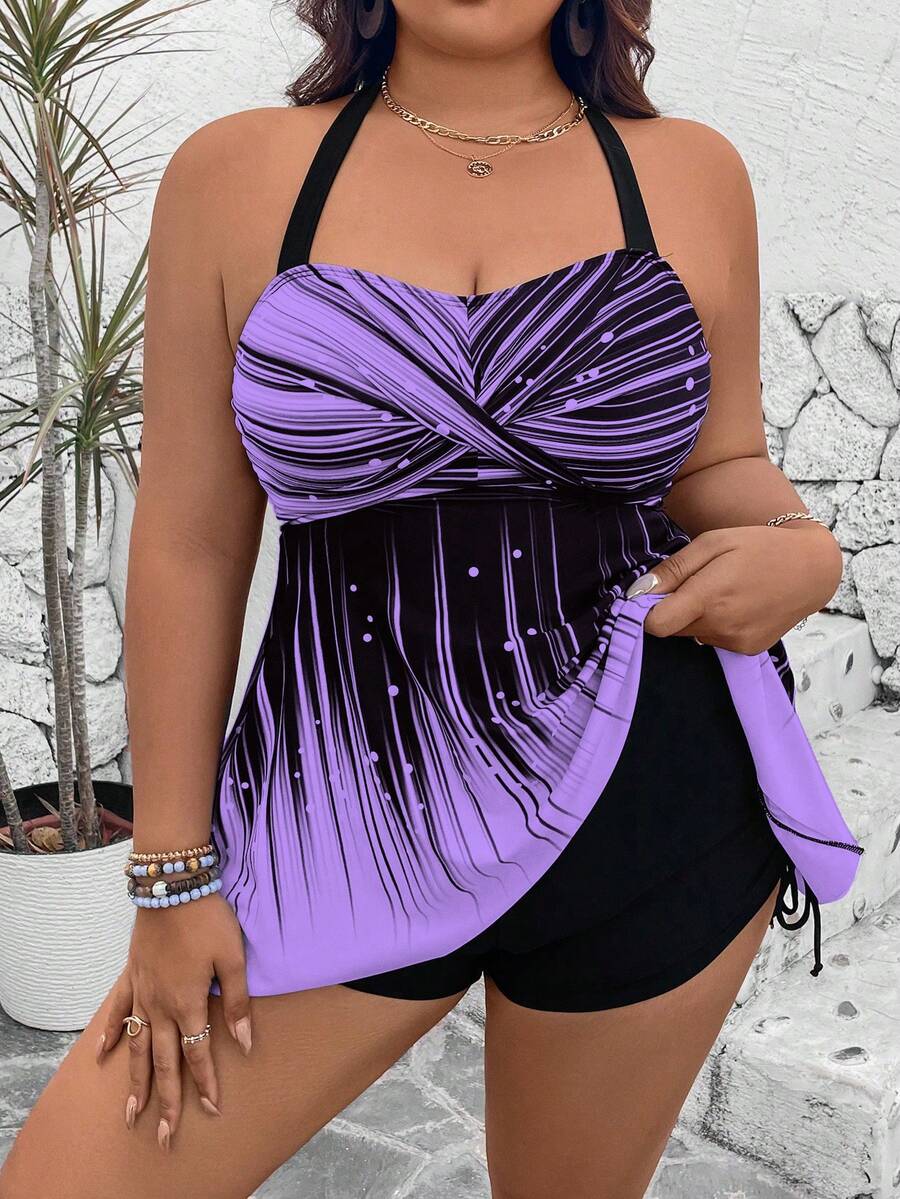 Swim Lushoire Plus Size 2-Piece Set: Printed Top And Solid High-Waist Shorts, Spaghetti Strap Criss-Cross Backless Top Style Casual Swimwear - Purple - View 1