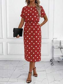 SHEIN Clasi Đầm nữ tay cánh dơi chấm bi mùa thu mới, đen trắng, đa năng cho đi làm hàng ngày và nhiều dịp khác nhau. - Đỏ và trắng - Xem 4