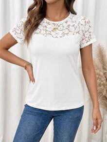 Editum Women's Solid Color Contrast Lace Round Neck Short Sleeve T-Shirt,Summer Top - White - View 3