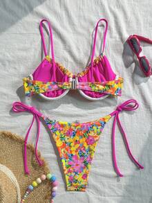 Swim Mod 春夏季數位印花鋼圈托高細肩帶上衣與側綁泳褲女款可愛度假海灘比基尼套裝 - 彩色 - 查看 2