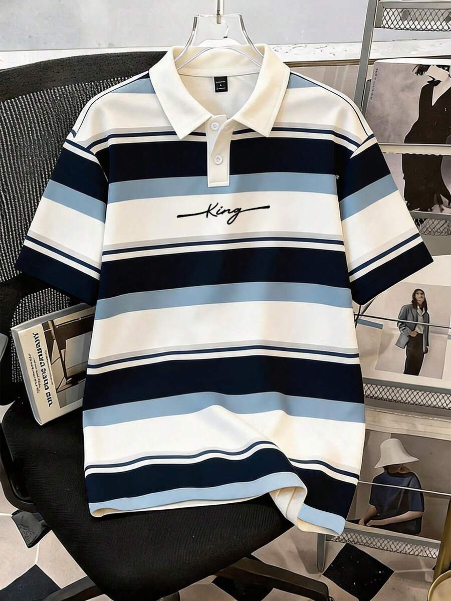 Manfinity Joysei 男士休闲蓝白条纹Polo衫，适合夏季外出和上学穿着，简约百搭 - 藍白色 - 查看 1