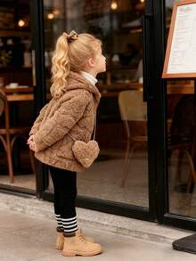 Elladie kids 年轻女孩心形图案长袖拉链前毛绒连帽休闲夹克，秋冬 - 棕色 - 查看 3