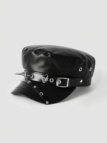 MortiRose 1pc Women's Fashion Rivet Decor Metal Leather Belt Buckle Beret Hat - Black - View 4