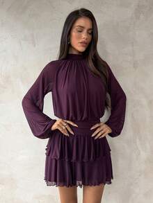 Aloruh Women's Sexy Elegant Halter Waist Ruched Ruffle Hem Long Sleeve Mini Dress - Purple - View 4