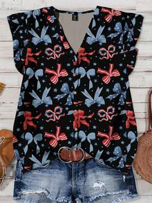 Mellowie Casual Butterfly Print Plus Size Shirt, Suitable For Summer Independence Day - Multicolor - View 1