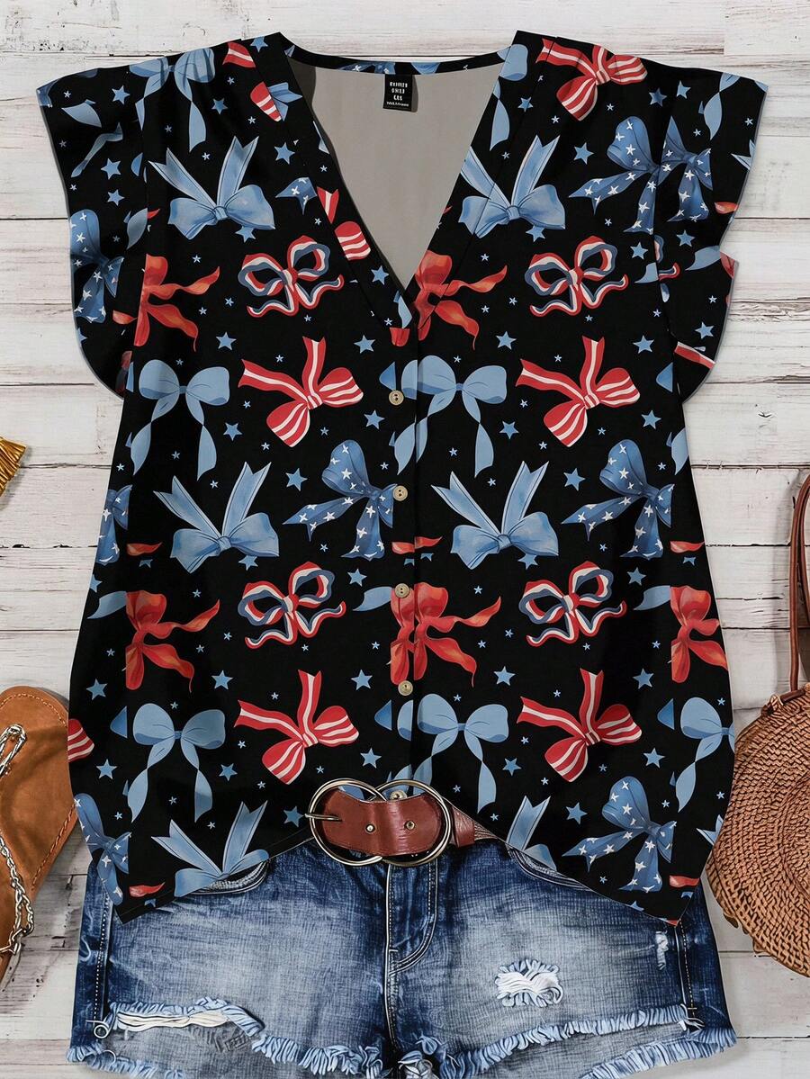 Mellowie Casual Butterfly Print Plus Size Shirt, Suitable For Summer Independence Day - Multicolor - View 1