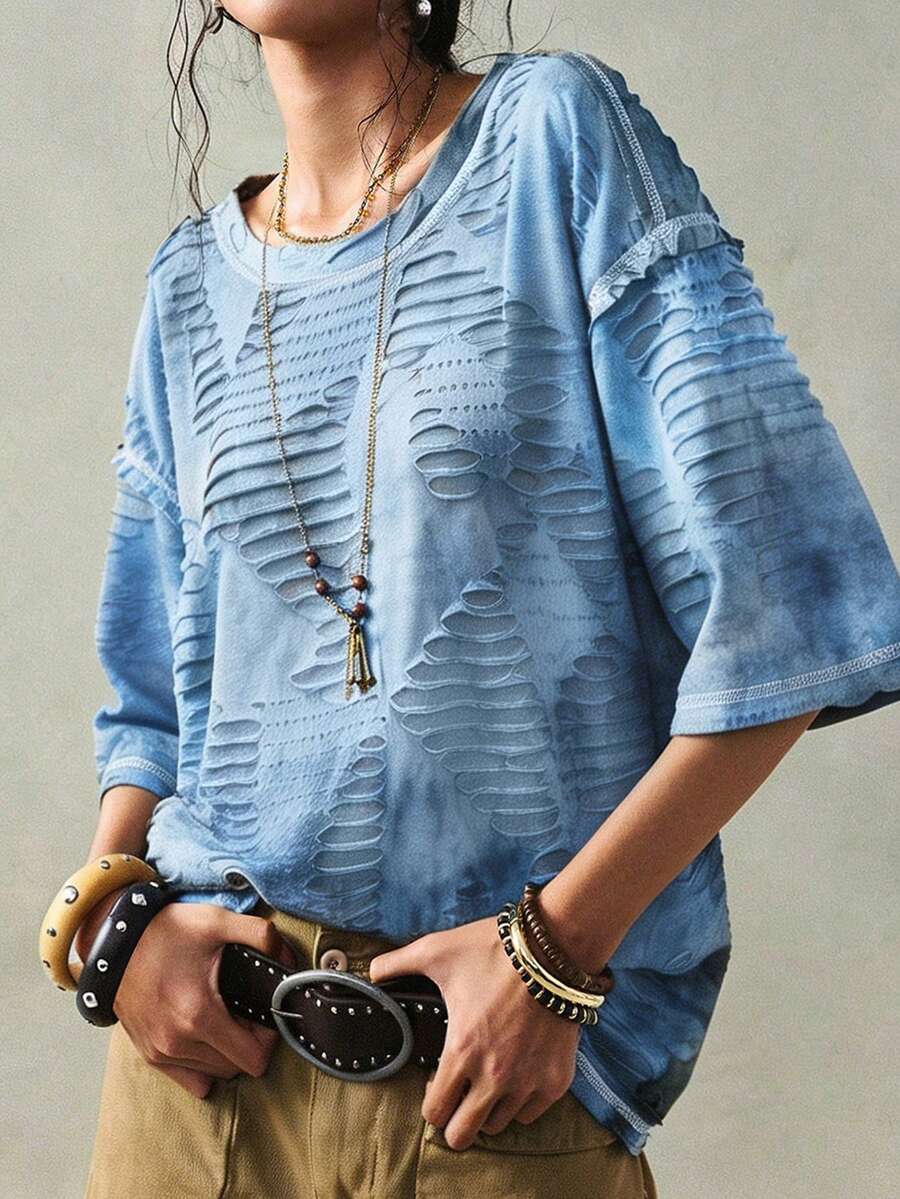 SoleilVie Áo kiểu nữ cổ tròn, họa tiết nhuộm tie-dye, dáng rộng, tối giản, phong cách thường ngày. - Màu xanh lam - Xem 1