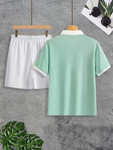 VENTUSAIL Men's Contrast Color Polo Shirt Set,Green And White Summer Casual Holiday Beach Outfit,Sage Green Streetwear For Parties,Vacations&Daily Leisure - Green - View 2