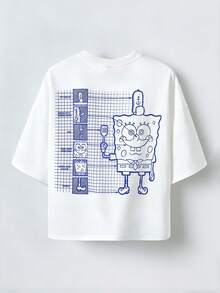 SpongeBob SquarePants | SHEIN Manfinity Hypemode 男士舒適卡通印花圓領短袖T恤，夏季，度假 - 白色 - 查看 4