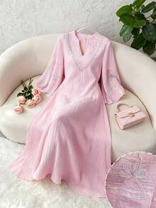 Yasmyna Elegant Floral Embroidered Textured 3/4 Sleeve Flared Dress, Suitable For Dates - Pink - View 10